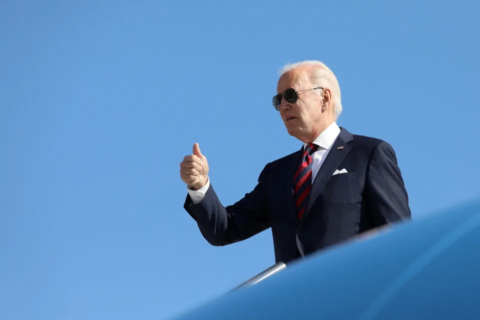 U.S. President Joe Biden boards Air Force One as he departs for Philadelphia, Pennsylvania at Delaware Air National Guard Base in New Castle, Delaware, U.S., May 15, 2023. REUTERS/Amanda Andrade-Rhoades