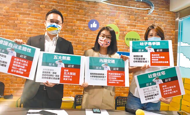 台北市長柯文哲卸任倒數，民進黨台北市議員參選人趙怡翔（左起）、顏若芳及林延鳳29日抨擊柯文哲政見全跳票，國民黨台北市長參選人蔣萬安也炮轟，柯文哲推行雙語教育只剩「教學」，沒有用對方法。（黃婉婷攝）