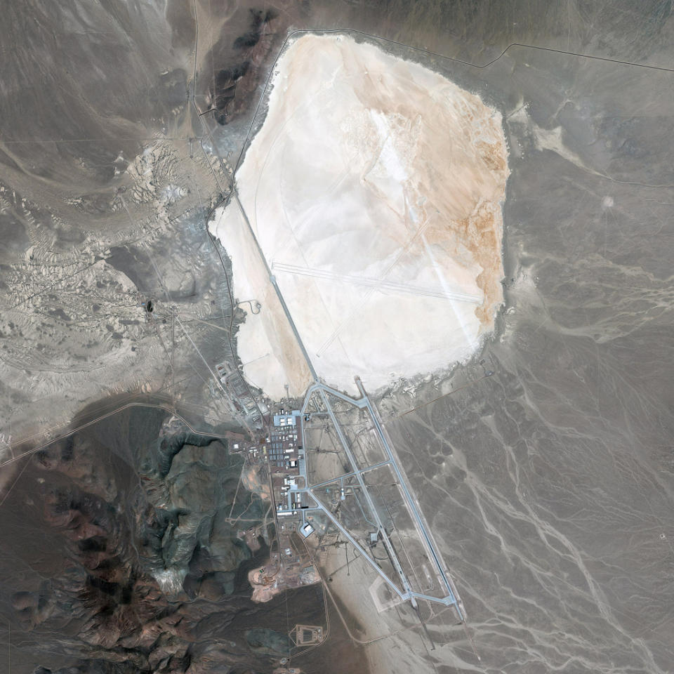 The Area 51 facility lies adjacent to the dry bed of Groom Lake. | DigitalGlobe via Getty