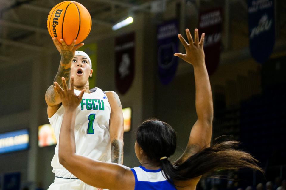 FGCU's Kierstan Bell shoots the ball against FMU, Nov. 9, 2021 at the Alico Arena in Fort Myers, Fla.