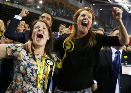 Supporters of the Scottish National Party celebrate results at a counting centre in Glasgow, Scotland, May 8, 2015. REUTERS/Russell Cheyne