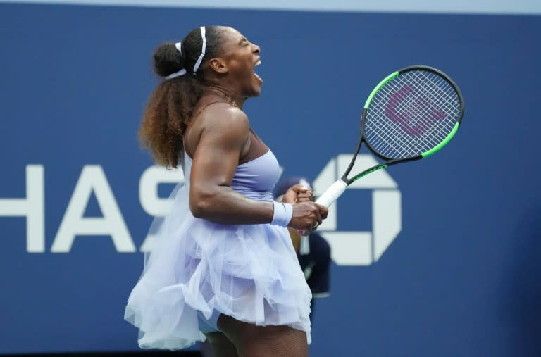 Come on! Serena Williams on her way to victory over Kaia Kanepi in the fourth round of the US Open on Sunday