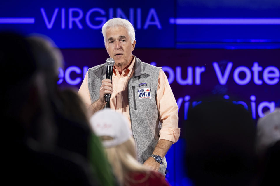 David Owen, Republican candidate for House of Delegates district 57, addresses the crowd during a campaign rally in Henrico County, Va., on Monday, Oct. 23, 2023. Owen faces his opponent candidate Susanna Gibson on Nov. 7. (Mike Kropf/Richmond Times-Dispatch via AP)