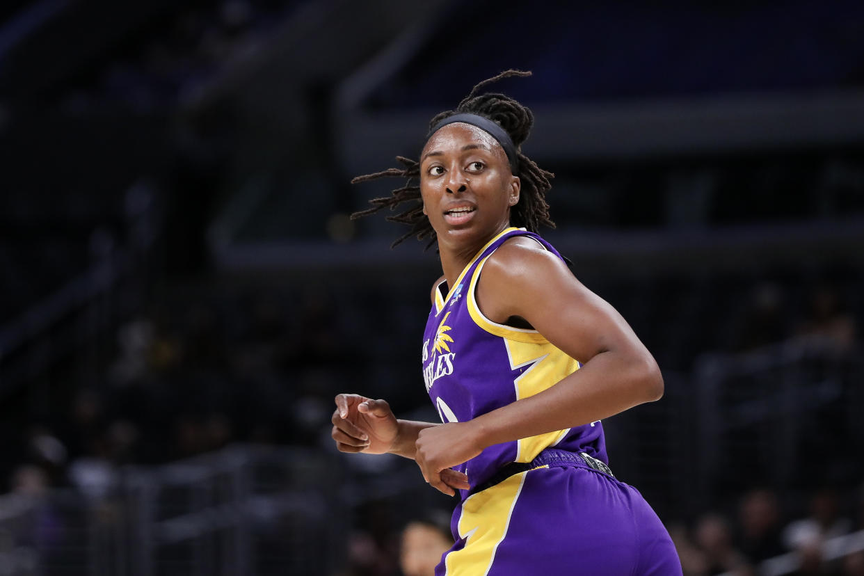 LOS ANGELES, CALIFORNIA - AUGUST 29: Forward Nneka Ogwumike #30 of the Los Angeles Sparks looks on during the first half against the Chicago Sky at Crypto.com Arena on August 29, 2023 in Los Angeles, California. NOTE TO USER: User expressly acknowledges and agrees that, by downloading and or using this Photograph, user is consenting to the terms and conditions of the Getty Images License Agreement. (Photo by Meg Oliphant/Getty Images)