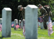 <p>U.S. Army soldiers of the 3rd United States Infantry Regiment place U.S. flags on graves at Arlington National Cemetery in advance of Memorial Day in Arlington, Va., May 24, 2018. (Photo: Jonathan Ernst/Reuters) </p>