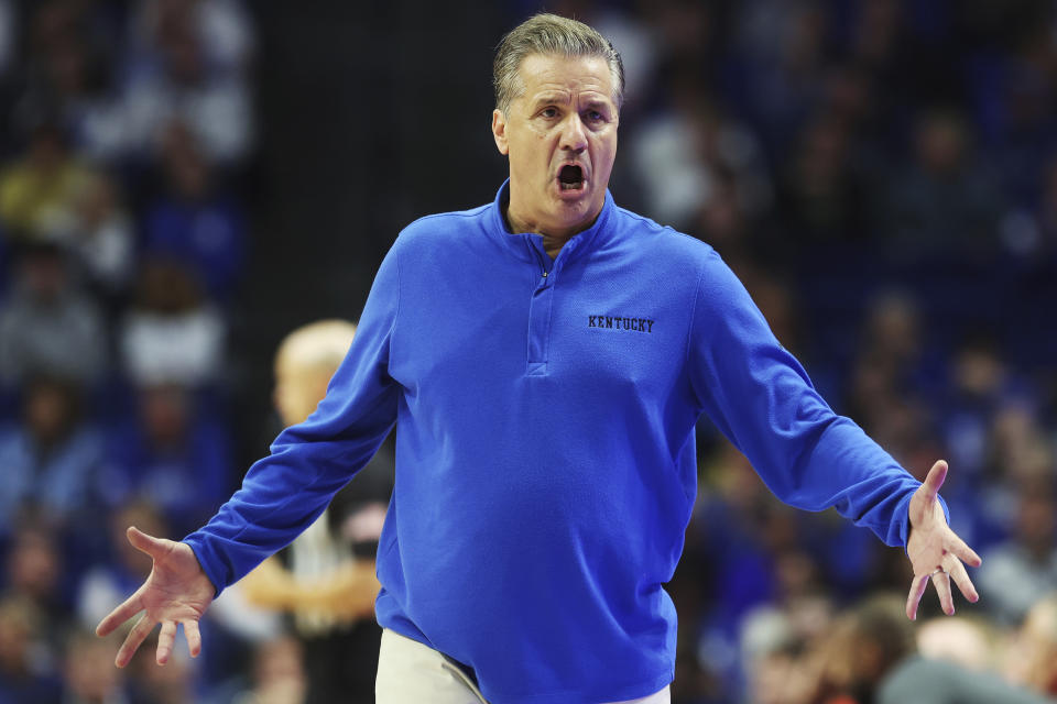 Kentucky head coach John Calipari reacts to a play during the second half of an NCAA college basketball game against Duquesne in Lexington, Ky., Friday, Nov. 11, 2022. (AP Photo/James Crisp)