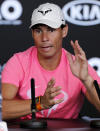 Spain's Rafael Nadal answers questions during a press conference ahead of the Australian Open tennis championship in Melbourne, Australia, Saturday, Jan. 18, 2020. (AP Photo/Andy Wong)