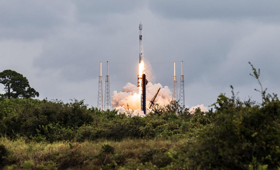 A SpaceX Falcon 9 rocket climbs away from the Cape Canaveral Space Force Station on October 7, 2024, sending the European Space Agency's Hera probe into deep space to explore the asteroid Didymos and its small moon Dimorphos. /Credit: Adam Bernstein/Spaceflight Now