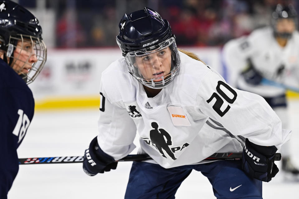 PWHPA Minnesota forward Hannah Brandt (20) waits for a faceoff during the PWHPA Pro Challenge game opposing Minnesota to Montreal on December 28, 2019, at Place Bell in Laval, QC (Photo by David Kirouac/Icon Sportswire via Getty Images)