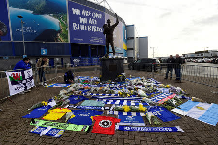 Soccer Football - Cardiff City - Cardiff City Stadium, Cardiff, Britain - January 23, 2019 General view of tributes left outside the stadium for Emiliano Sala REUTERS/Rebecca Naden