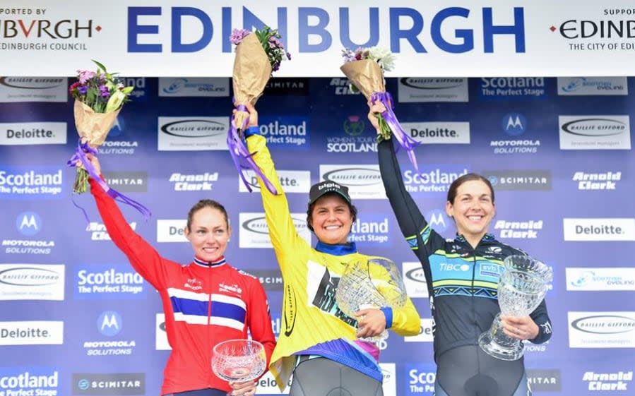 Leah Thomas (centre) celebrates a successful weekend's work in Scotland - SWpix.com