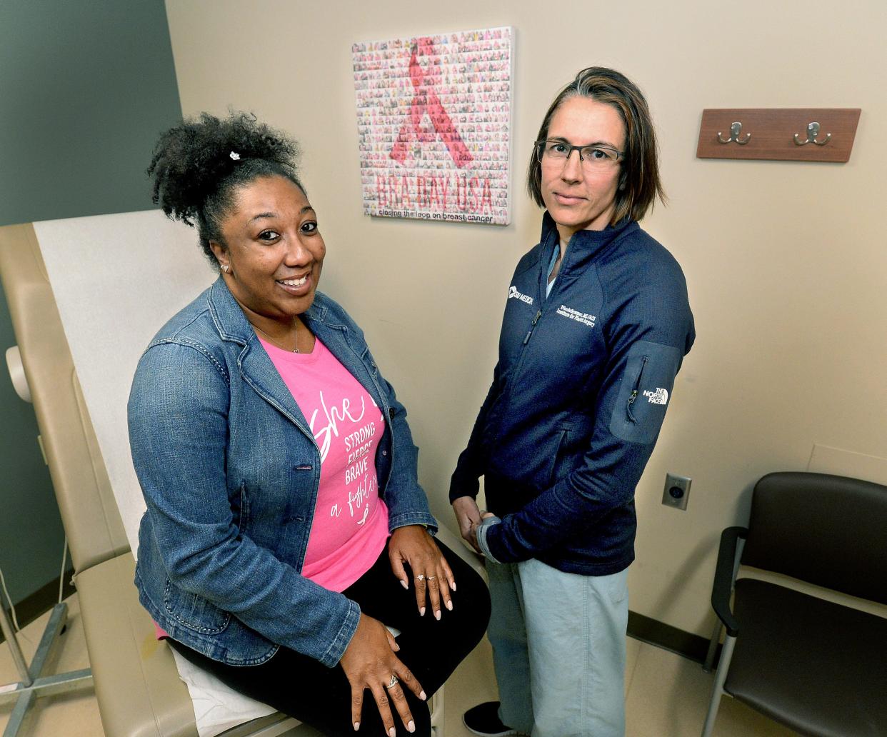 Breast cancer survivor Erica Austin, left, with her plastic surgeon, Dr. Nicole Sommer, director of the SIU Medicine Cosmetic Clinic, at Baylis Medical Building Monday, Oct. 9, 2023.