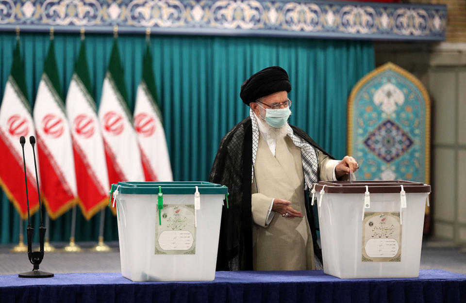 Iran's Supreme Leader Ayatollah Ali Khamenei casts his ballot in the country's presidential election, June 18, 2021, in Tehran. / Credit: Iranian Leader Press Office/Anadolu Agency/Getty