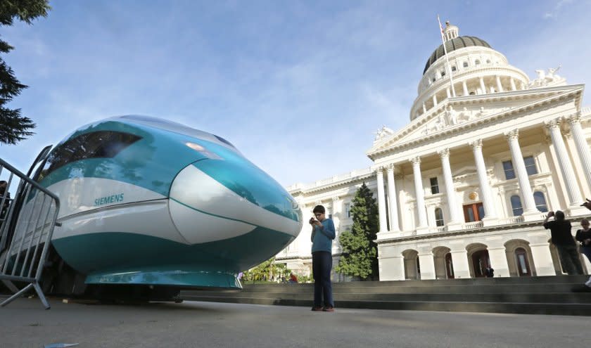 A full-scale mock-up of a high-speed train is displayed in Sacramento.