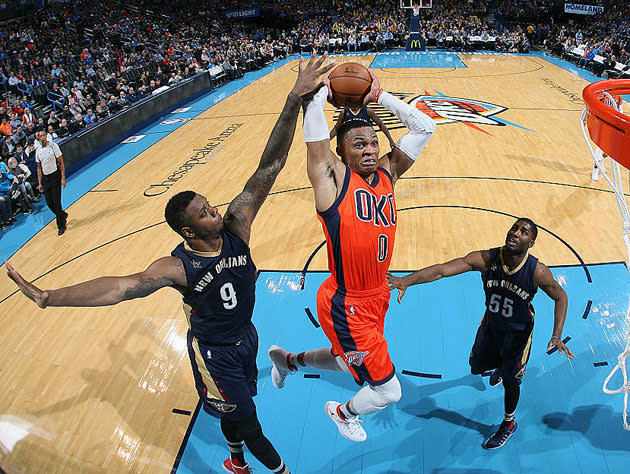 Russell Westbrook eyes what's his. (Getty Images)