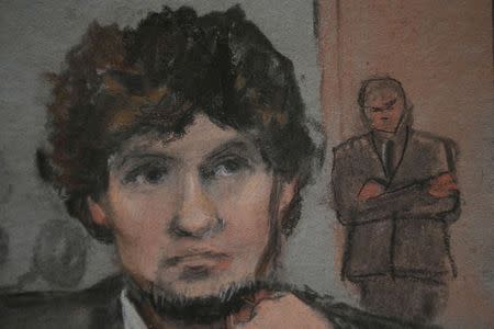 A courtroom sketch shows accused Boston Marathon bomber Dzhokhar Tsarnaev in court on the second day of his trial at the federal courthouse in Boston, Massachusetts March 5, 2015. REUTERS/Jane Flavell Collins