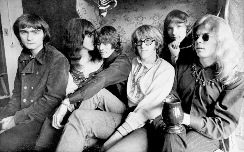 FILE - This Dec. 5, 1968 file photo shows the rock band Jefferson Airplane, Marty Balin, from left, Grace Slick, Spencer Dryden, Paul Kantner, Jorma Kaukonen and Jack Casady, as they pose in their Pacific Heights, San Francisco apartment. Singer Balin of the Jefferson Airplane has died at age 76. Spokesman Ryan Romenesko said Balin died Thursday, Sept. 27, 2018, in Tampa, Fla., where he was on the way to the hospital. The cause of death was not immediately available. (AP Photo, File)