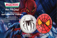 <b>Krispy Kreme Spider-Man doughnuts for 'The Amazing Spider-Man'</b><br> When "The Amazing Spider-Man" swung into theaters in 2012, Krispy Kreme marked the occasion with a special strawberry-filled doughnut that had Spidey's distinctive mask glazed on the top. Krispy Kreme isn't divulging nutritional information on the Spider-Man doughnuts, but according to their website, one of strawberry-filled glazed doughnut packs a punch of 260 calories. Somehow, we doubt the special version was any healthier. (And we're pretty certain it wouldn't help you spin webs or win the heart of Gwen Stacy, either).