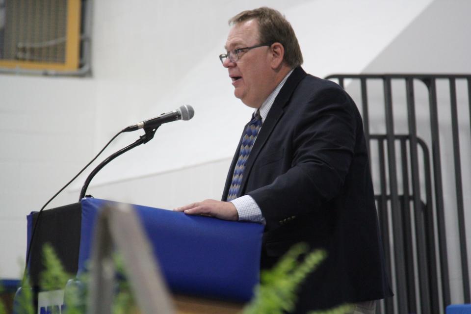 Principal Dan Marburger speaks during the Perry High School graduation ceremony on Sunday, May 28, 2023.