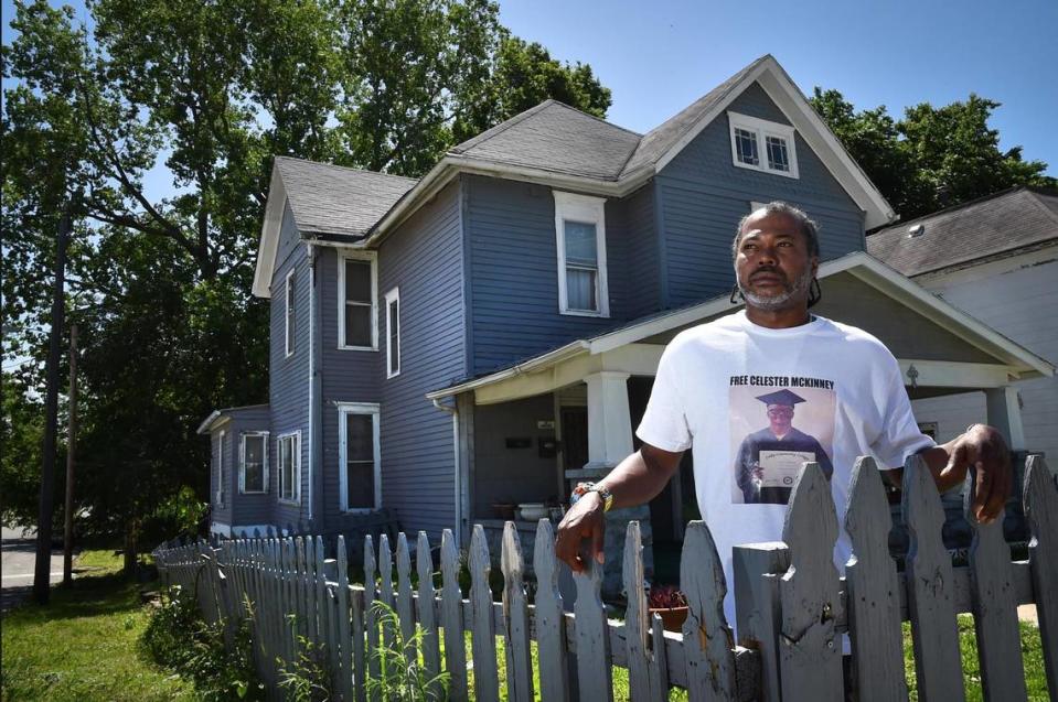 Dwayne McKinney, brother of Celester McKinney and cousin to Brian Betts, stood outside a family home near North 5th Street and Greeley Avenue in Kansas City, Kansas. McKinney traveled to Kansas City from his home in Georgia earlier this year to attend a rally to call for the release of Betts and Celester McKinney, who family members say were wrongly convicted in a shooting down the street. Dwayne was also charged in the murder, but found not guilty.