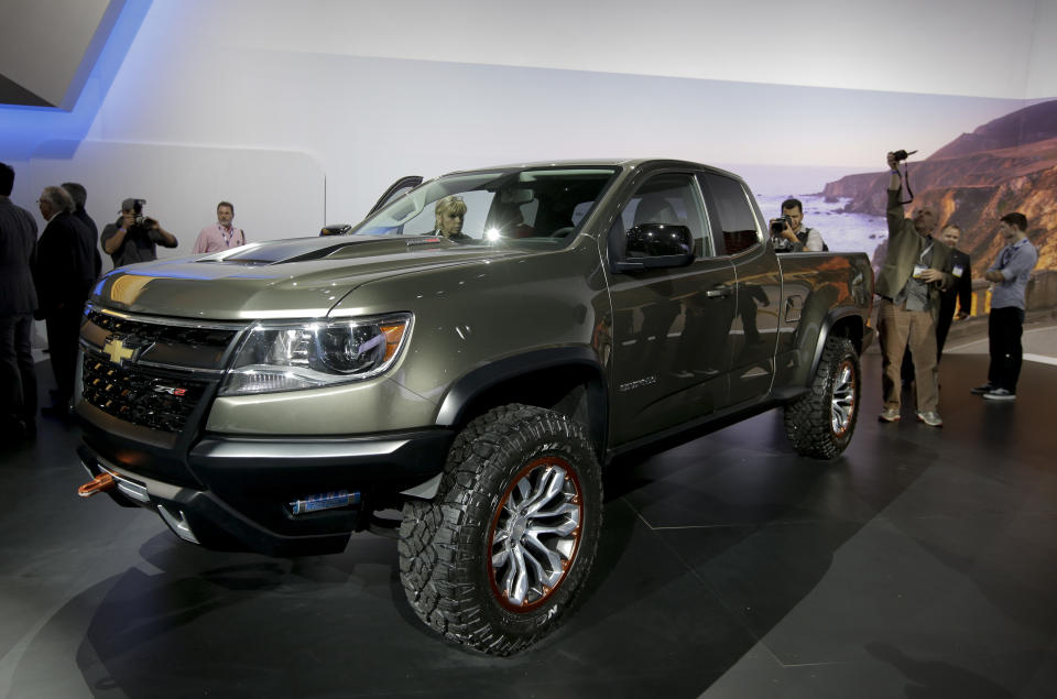 The Chevrolet Colorado ZR2 off-road concept truck is revealed during the Los Angeles Auto Show on Wednesday, Nov. 19, 2014, in Los Angeles. The annual event is open to the public beginning Nov. 21. (AP Photo/Chris Carlson)