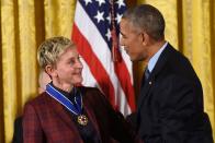 <p>President Barack Obama presents comedian Ellen DeGeneres with the Presidential Medal of Freedom, the nation's highest civilian honor, during a ceremony in the East Room of the White House in Washington, D.C.</p><p><strong>RELATED: <a href="https://www.redbookmag.com/life/a48402/ellen-degeneres-finding-dory-immigration-ban-comments/" rel="nofollow noopener" target="_blank" data-ylk="slk:Ellen DeGeneres Uses Finding Dory to Cleverly Take Down President Trump's Travel Ban;elm:context_link;itc:0;sec:content-canvas" class="link ">Ellen DeGeneres Uses Finding Dory to Cleverly Take Down President Trump's Travel Ban</a></strong></p>