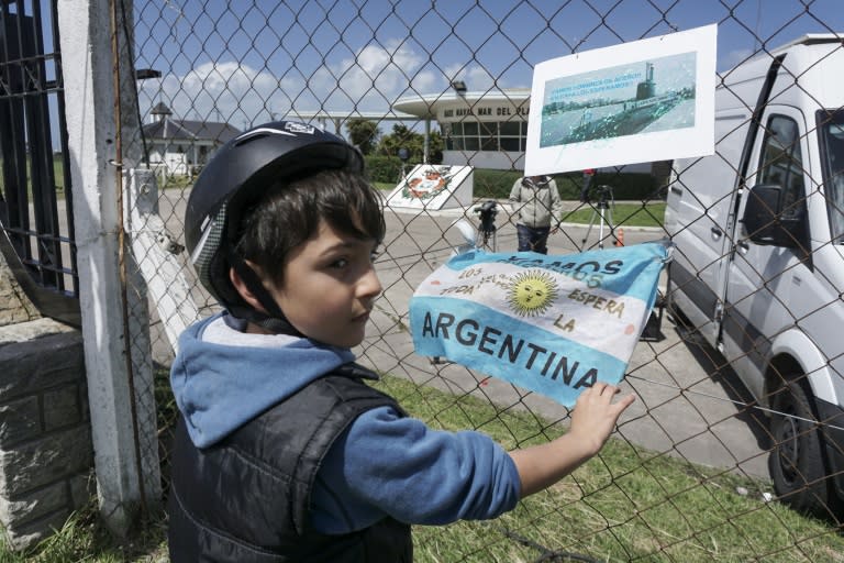 Banners and Argentine flags with message in support of submarine crew members are displayed outside Argentina's Navy base in Mar del Plata, on the Atlantic coast south of Buenos Aires