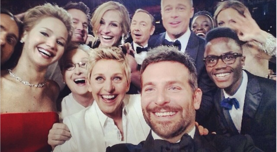 Bradley Cooper takes a selfie with stars including Ellen, Jennifer Lawrence, Meryl Streep, Brad Pitt and more.