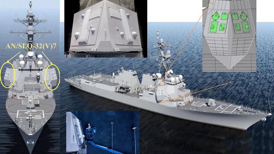 Updated concept art showing the large geometric extensions on both sides of the forward superstructure. <em>USN</em>
