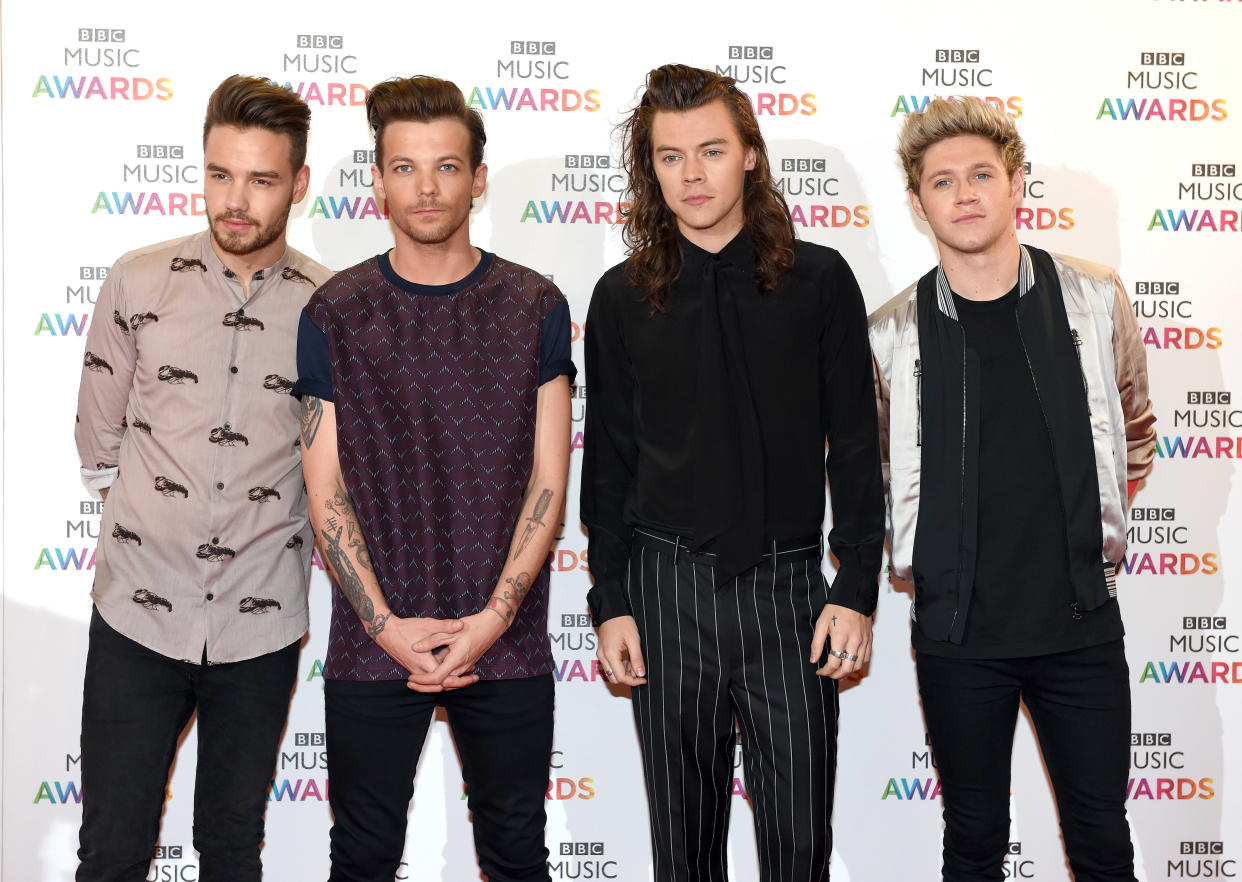 BIRMINGHAM, ENGLAND - DECEMBER 10:  Liam Payne, Louis Tomlinson, Harry Styles and Niall Horan of One Direction attend the BBC Music Awards at Genting Arena on December 10, 2015 in Birmingham, England.  (Photo by Karwai Tang/WireImage)