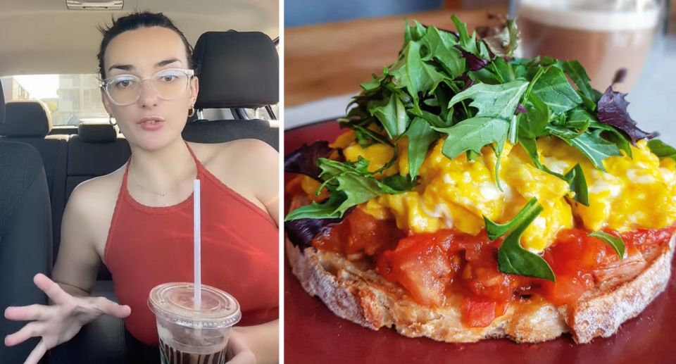 Alyssa sits in her car next to a plate of breakfast