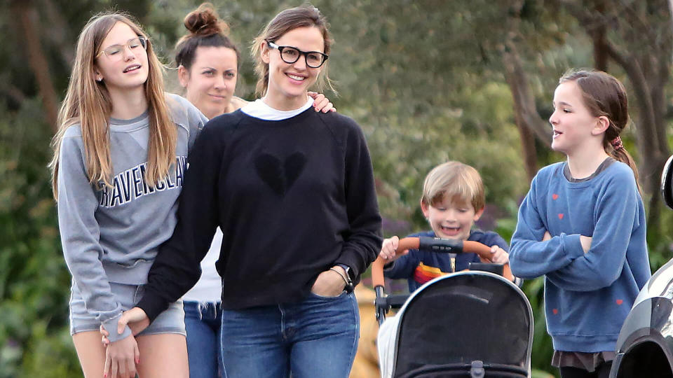 Mandatory Credit: Photo by Broadimage/Shutterstock (10600227h)Jennifer Garner, Seraphina Affleck, Violet Affleck, Samuel AffleckJennifer Garner out and about, Pacific Palisades, Los Angeles, USA - 01 Apr 2020.