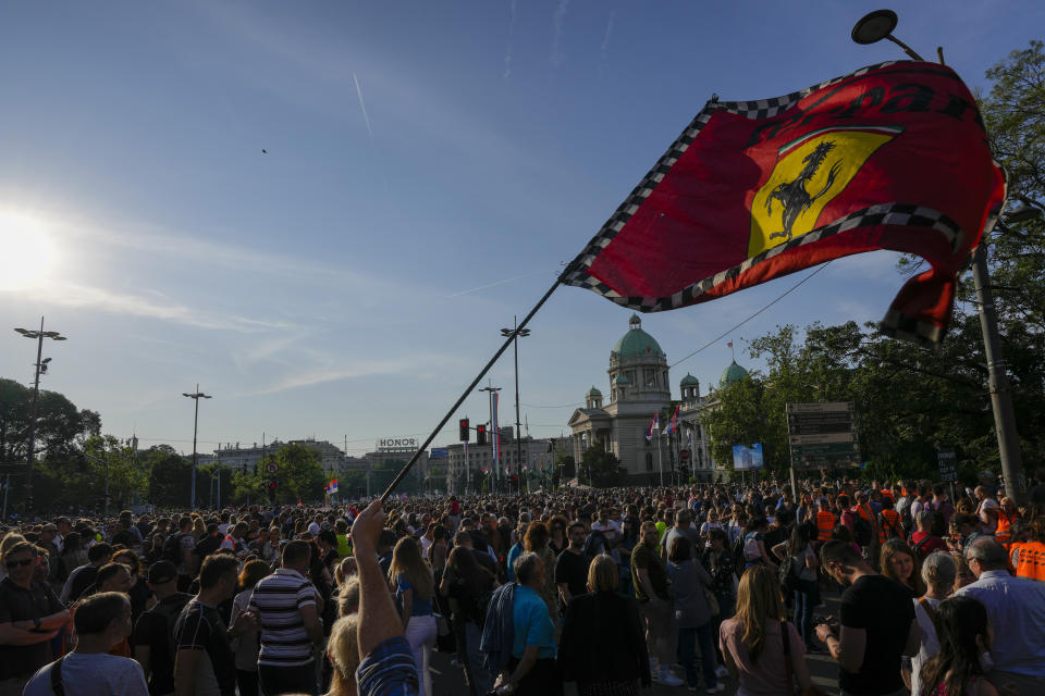 People attend a protest against violence in Belgrade, Serbia, Saturday, June 3, 2023. Tens of thousands of people rallied in Serbia's capital on Saturday in protest pf the government's handling of a crisis after two mass shootings in the Balkan country. (AP Photo/Darko Vojinovic)