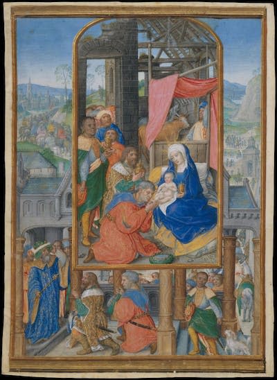 A manuscript illumination of the Magi visiting Jesus, made in the Netherlands in the 16th century, shows the Magi before Herod at the bottom of the image. <a href="https://www.gettyimages.com/detail/news-photo/manuscript-illumination-with-adoration-of-the-magi-ca-news-photo/1288526680?adppopup=true" rel="nofollow noopener" target="_blank" data-ylk="slk:Sepia Times/Universal Images Group via Getty Images;elm:context_link;itc:0;sec:content-canvas" class="link ">Sepia Times/Universal Images Group via Getty Images</a>