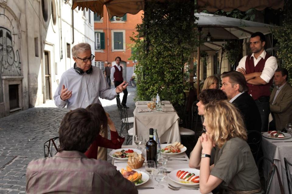 Woody Allen on the set of <em>To Rome With Love</em> with Alec Baldwin, Jesse Eisenberg and Greta Gerwig.