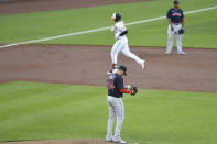 Boston Red Sox starting pitcher Martin Perez (54) reacts to first inning home run hit by Baltimore Orioles Ryan Mountcastle during a baseball game Monday, May 10, 2021, in Baltimore. (AP Photo/Terrance Williams)