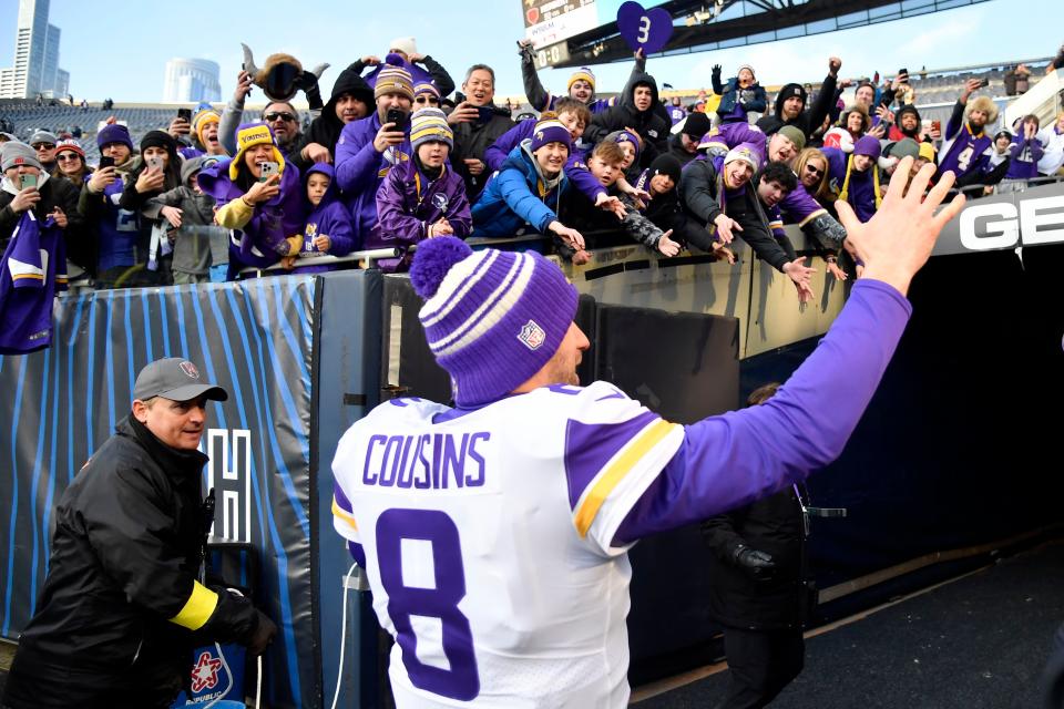 CHICAGO, ILLINOIS - JANUARY 08: Kirk Cousins #8 of the Minnesota Vikings walks off the field after the game against the Chicago Bears at Soldier Field on January 08, 2023 in Chicago, Illinois. (Photo by Quinn Harris/Getty Images)