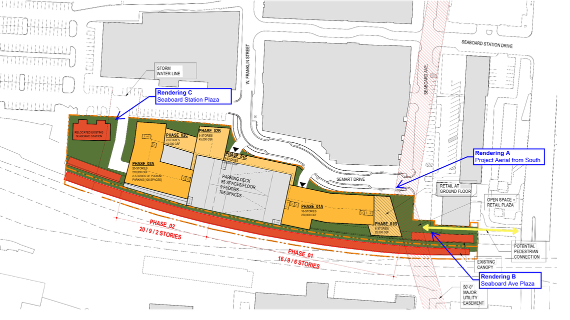 The conceptional site plan from Turnbridge Equities for its proposed redevelopment of the Logan’s Garden Shop property in Raleigh. It shows part of the old Seaboard Station train depot relocated to the north end of the property, left.