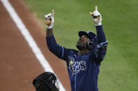 Tampa Bay Rays' Randy Arozarena celebrates his two-run home run during the fifth inning of a baseball game against the Baltimore Orioles, Saturday, Sept. 19, 2020, in Baltimore. (AP Photo/Nick Wass)