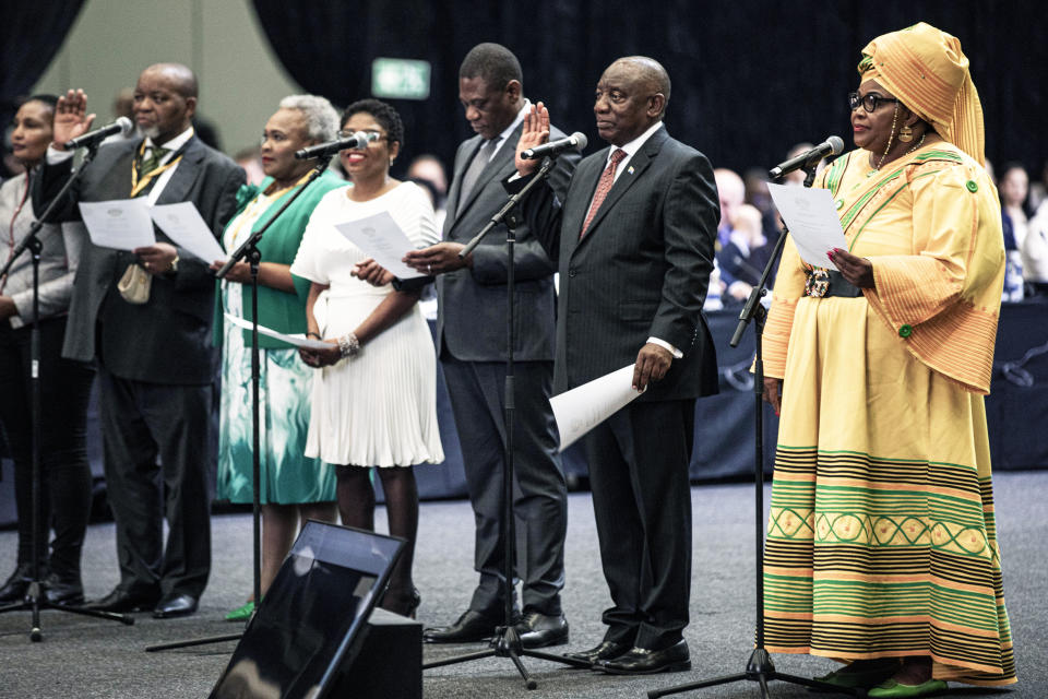 President Cyril Ramaphosa (2nd R) and fellow ANC members are sworn in at the 7th sitting of the South African Parliament, June 14, 2024, at the Cape Town Convention Center in Cape Town, South Africa. / Credit: PAP/Getty