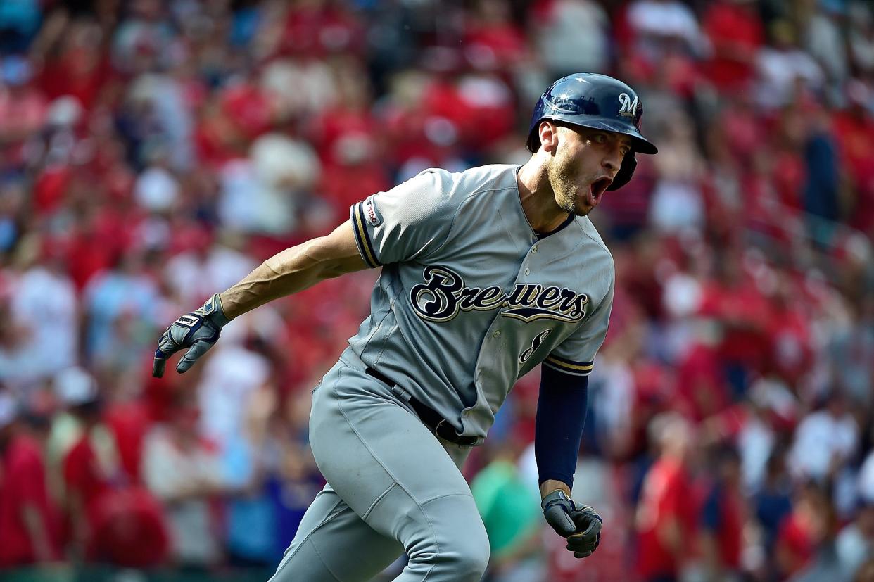 Milwaukee Brewers left fielder Ryan Braun (8) celebrates after hitting a grand slam off of St. Louis Cardinals relief pitcher Junior Fernandez (not pictured) during the ninth inning at Busch Stadium on Sept. 15, 2019.