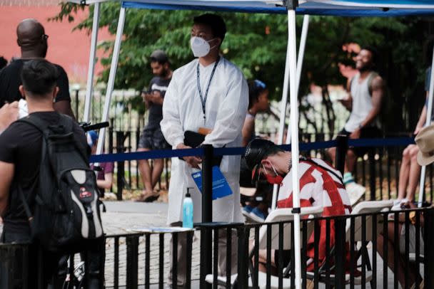 PHOTO: Healthcare workers with New York City Department of Health and Mental Hygiene work at intake tents where individuals are registered to receive the monkeypox vaccine on July 29, 2022 in New York City.  (Spencer Platt/Getty Images)