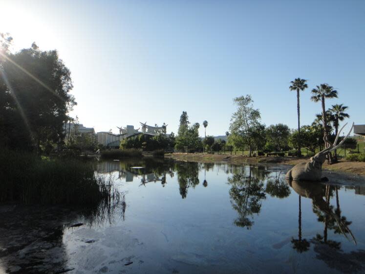 A view of the fiberglass mammoth created by sculptor Howard Ball in the 1960s in the Lake Pit at the La Brea Tar Pits in 2011.