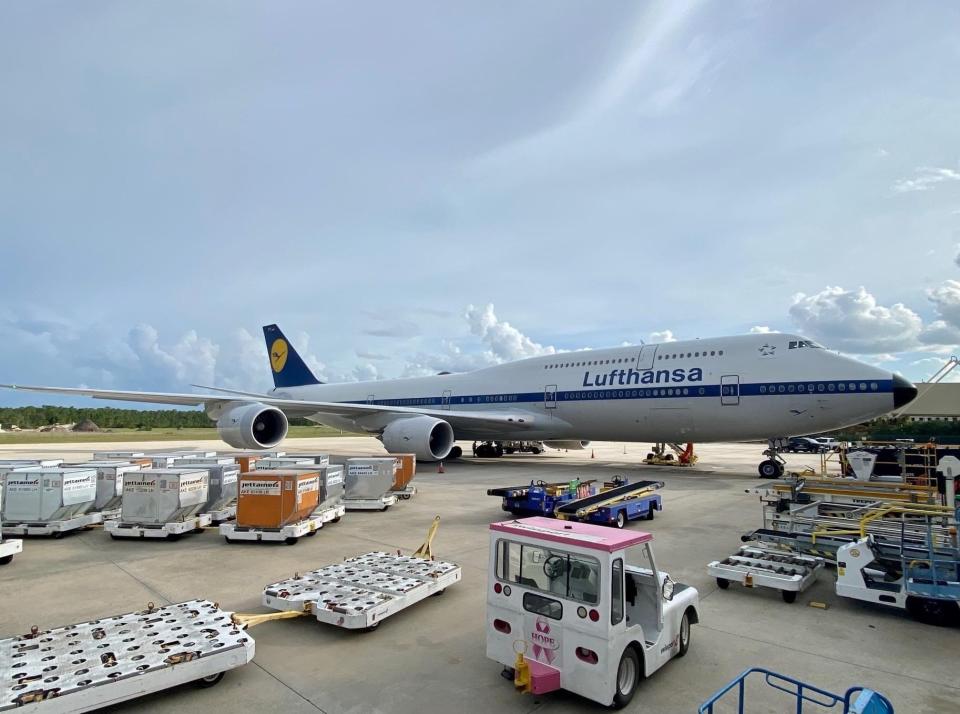 A Lufthansa airplane coming from France is parked at Southwest Florida International Airport on Aug. 17, 2023. The 747 on its way to Miami International Airport had to be diverted to RSW because of weather. It was one of 23 airplanes diverted to the Fort Myers airport that day.