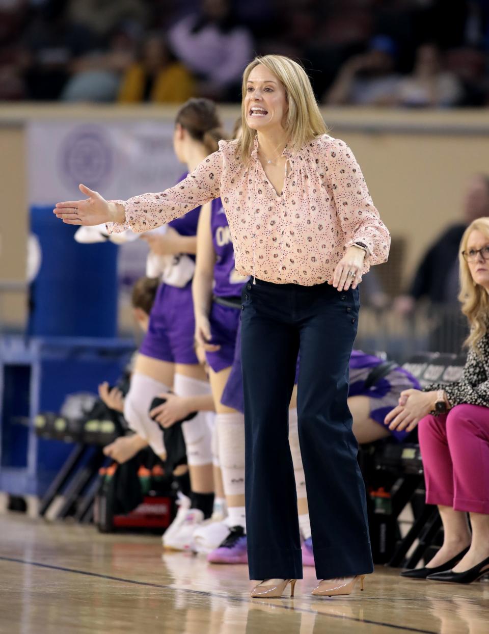 Okarche head coach Haley Mitchel speaks as the Okarche Lady Warriors play the Cyril Lady Pirates during the Class A Girls State Basketball Championship Tournament at State Fair Arena on March 1, 2023 in Oklahoma City, Okla.  