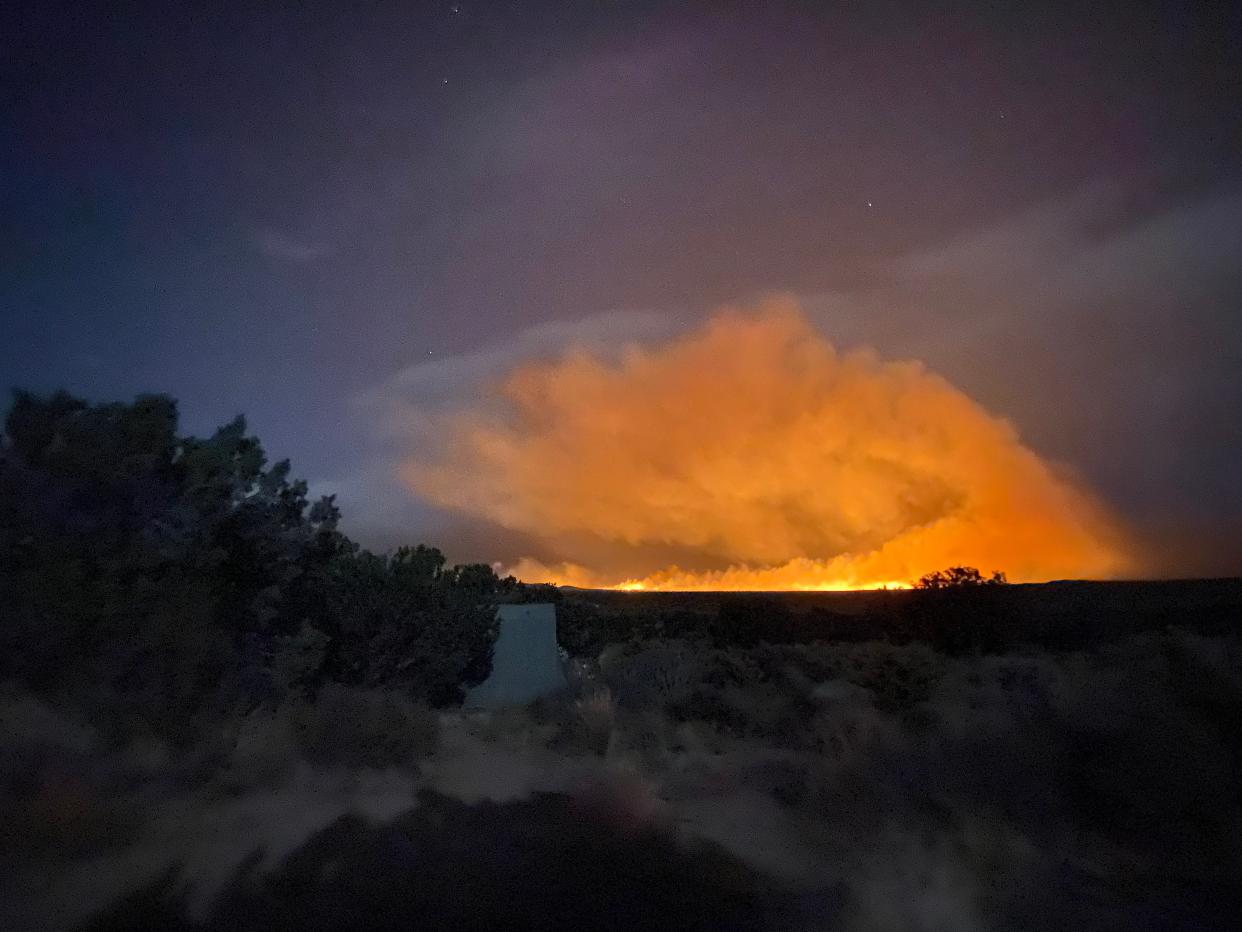 Night photo of the "York Fire." Firefighters on Friday battled vegetation fire south of Interstate 15 and near Mountain Pass, in the Mojave National Preserve.