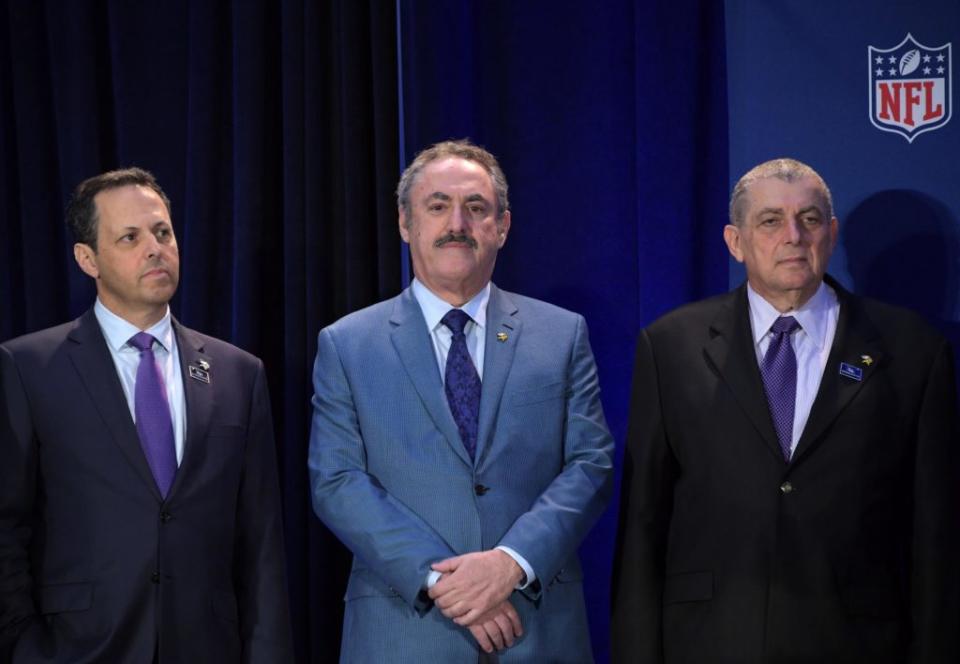 Feb 6, 2017; Houston, TX, USA; Minnesota Vikings owners Mark Wilf (L), Zygi Wilf (C) and Leonard Wilf (R) look on during the Houston Super Bowl LI Host Committee Handoff Ceremony at the George R. Brown Convention Center. Mandatory Credit: Kirby Lee-USA TODAY Sports