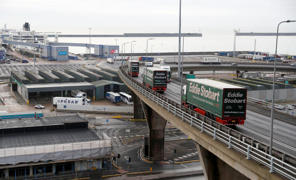 Lorries arrive to the Port of Dover during a trial of how road will cope in case of a "no-deal" Brexit, Kent, Britain January 7, 2019. REUTERS/Peter Nicholls