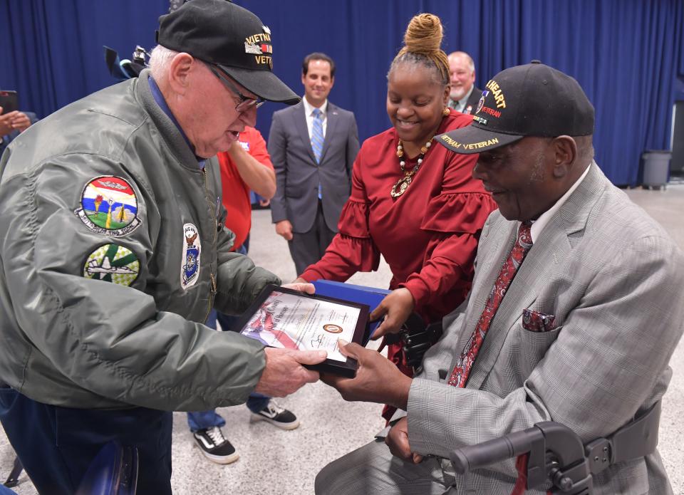 Spartanburg County honored its military veterans at the “Hall of Heroes” event held at the Spartanburg Memorial Auditorium on Oct. 12, 2023. Army Veteran Luther C. Floyd, right, of Woodruff received an award at the event.