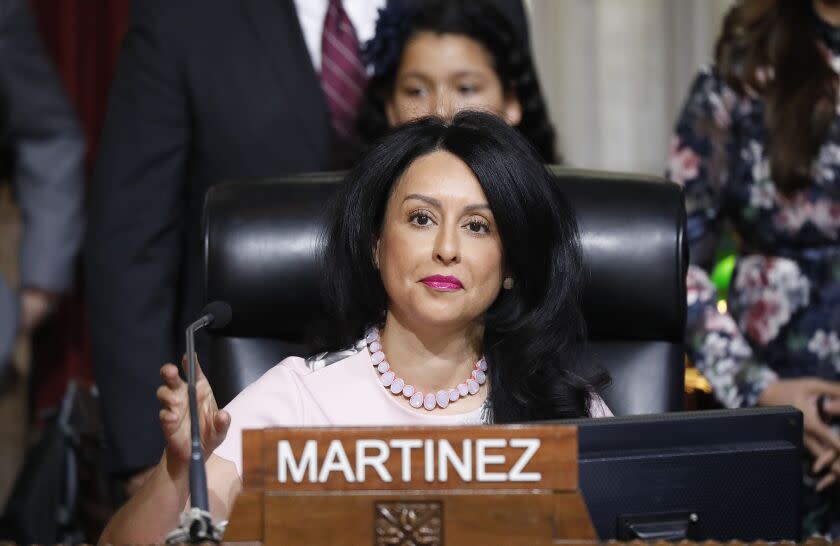 LOS ANGELES, CA - DECEMBER 03, 2019 Los Angeles City Councilwoman Nury Martinez listens as fellow Council members vote to elect her as City Council President which makes her the first Latina president in Los Angeles City Council history. (Al Seib / Los Angeles Times)